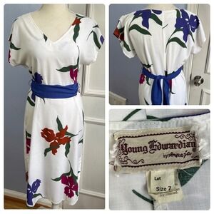 70s Vintage Young Edwardian Floral Print Midi‎ Dress Belted Women's Size Small